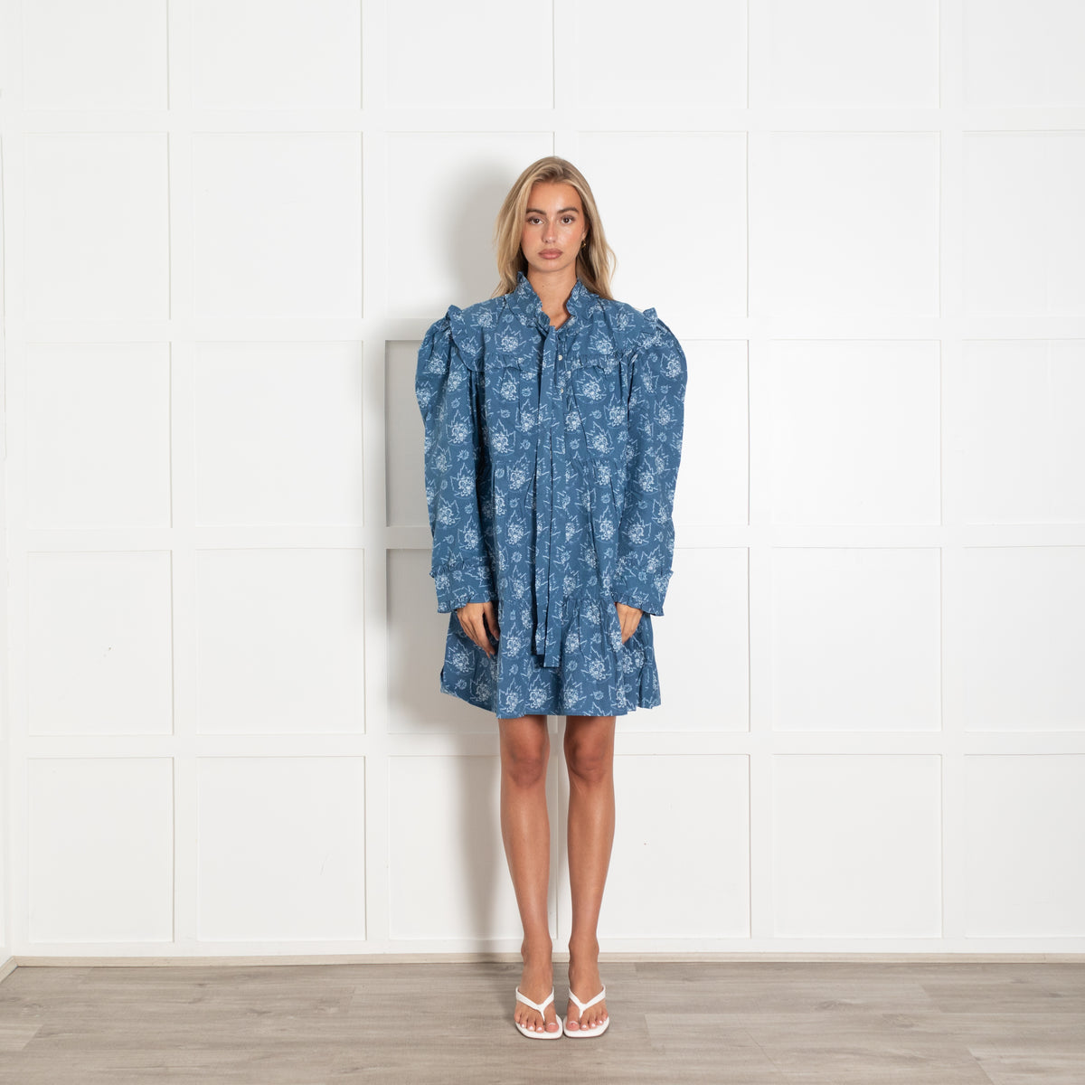 Batsheva Mina Blue Tie Neck Ruffled Floral Print Cotton Mini Dress