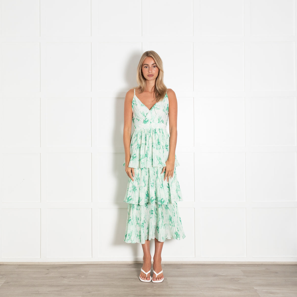 Maje Green and White Sketchy Floral Plisse Tiered Midi Dress
