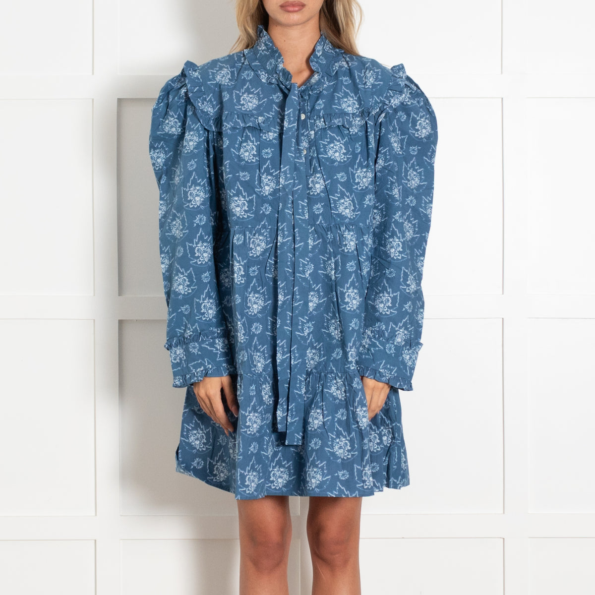 Batsheva Mina Blue Tie Neck Ruffled Floral Print Cotton Mini Dress