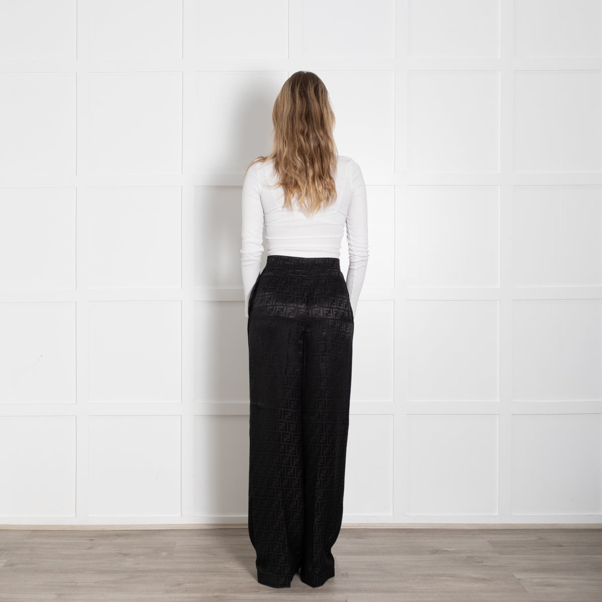 Fendi Black Silk Self Logo Wide Leg Trousers