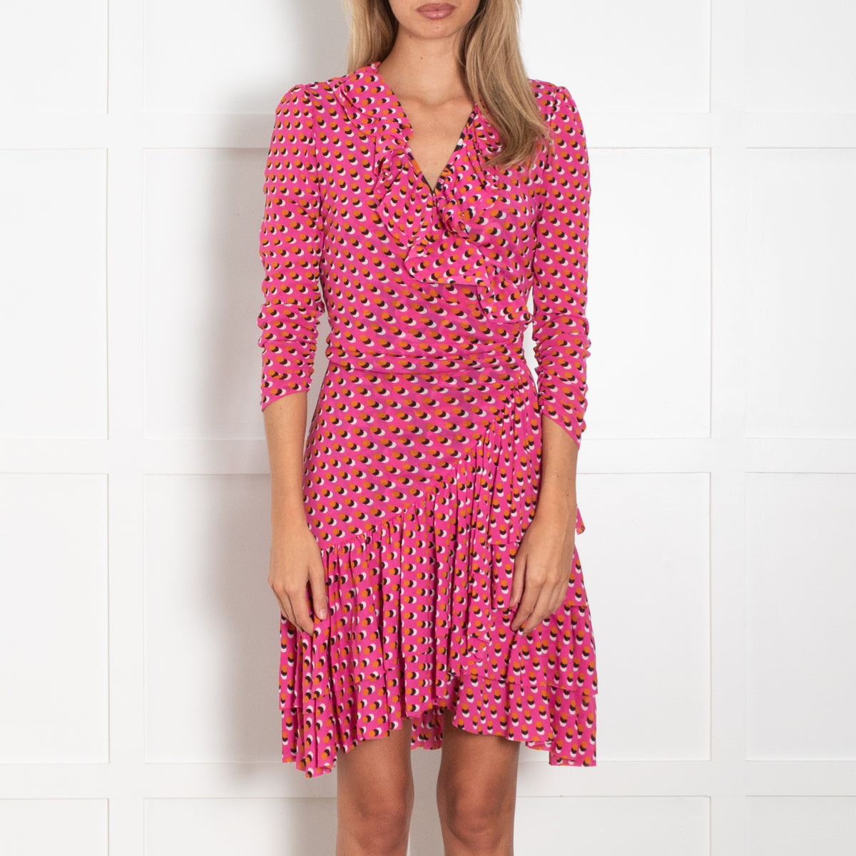 Diane Von Furstenberg Pink Orange Spot Frill Trim Wrap Dress
