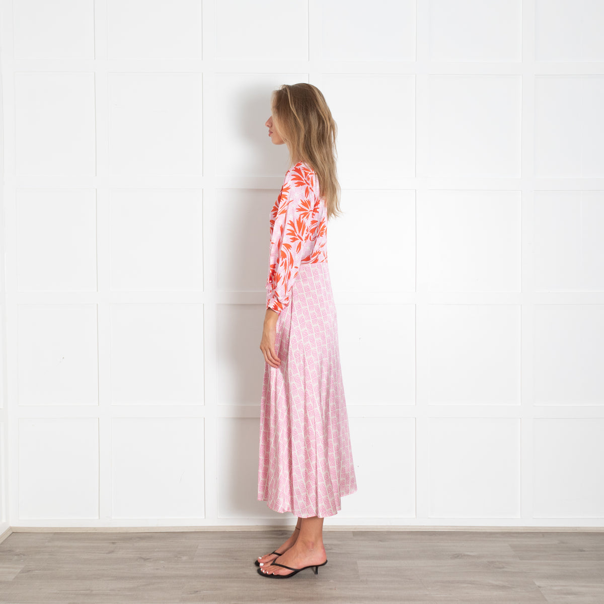 Jessica Russell Flint Pink Multi Print Button Front Silk V Neck Maxi Dress