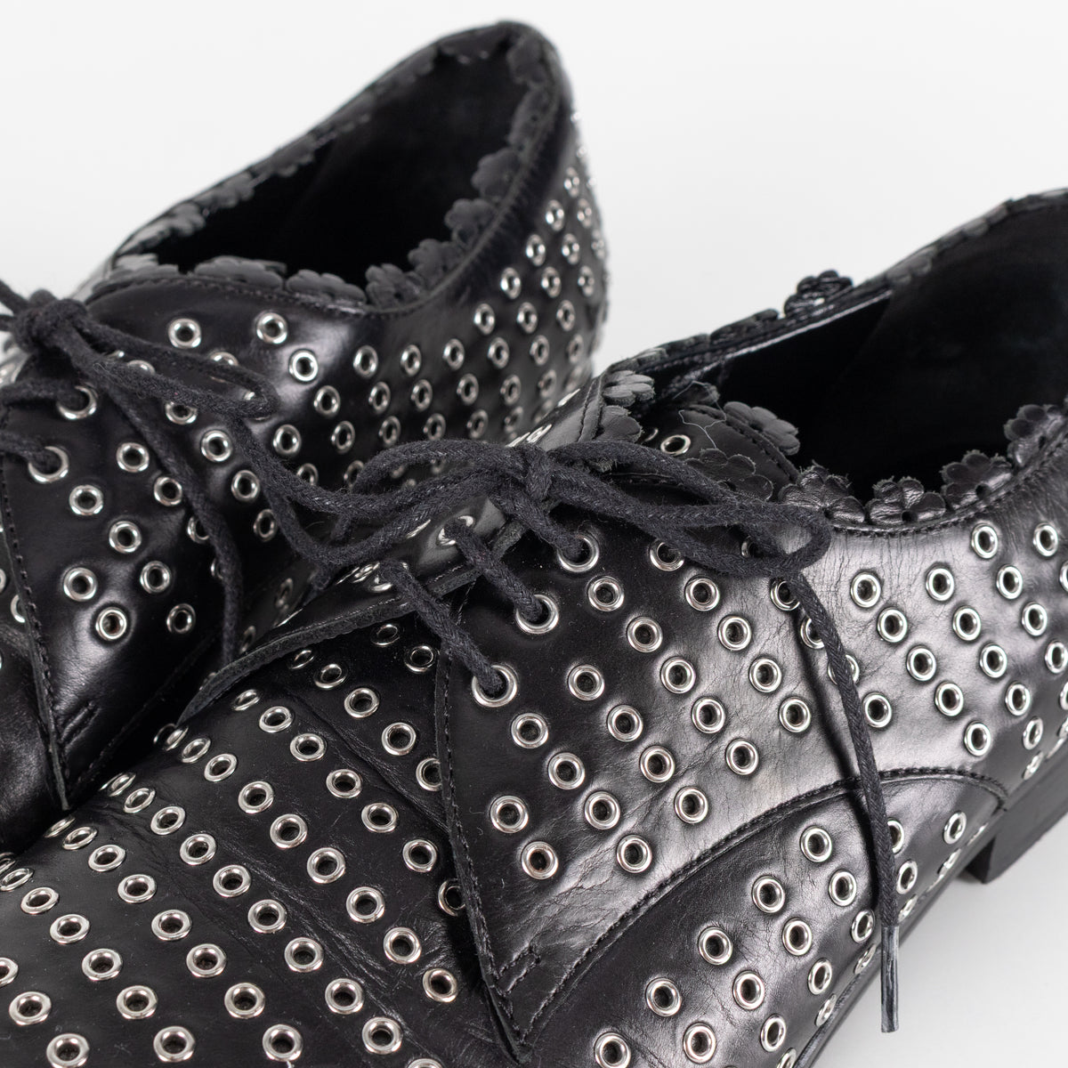 Alaia Black Leather Silver Eyelet Lace Up Shoes