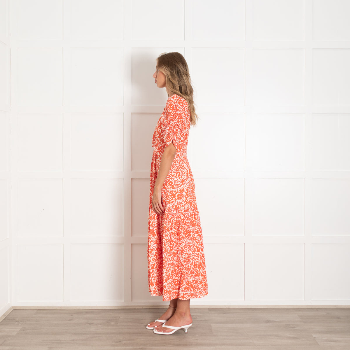 Me + Em Orange And White Midi Dress