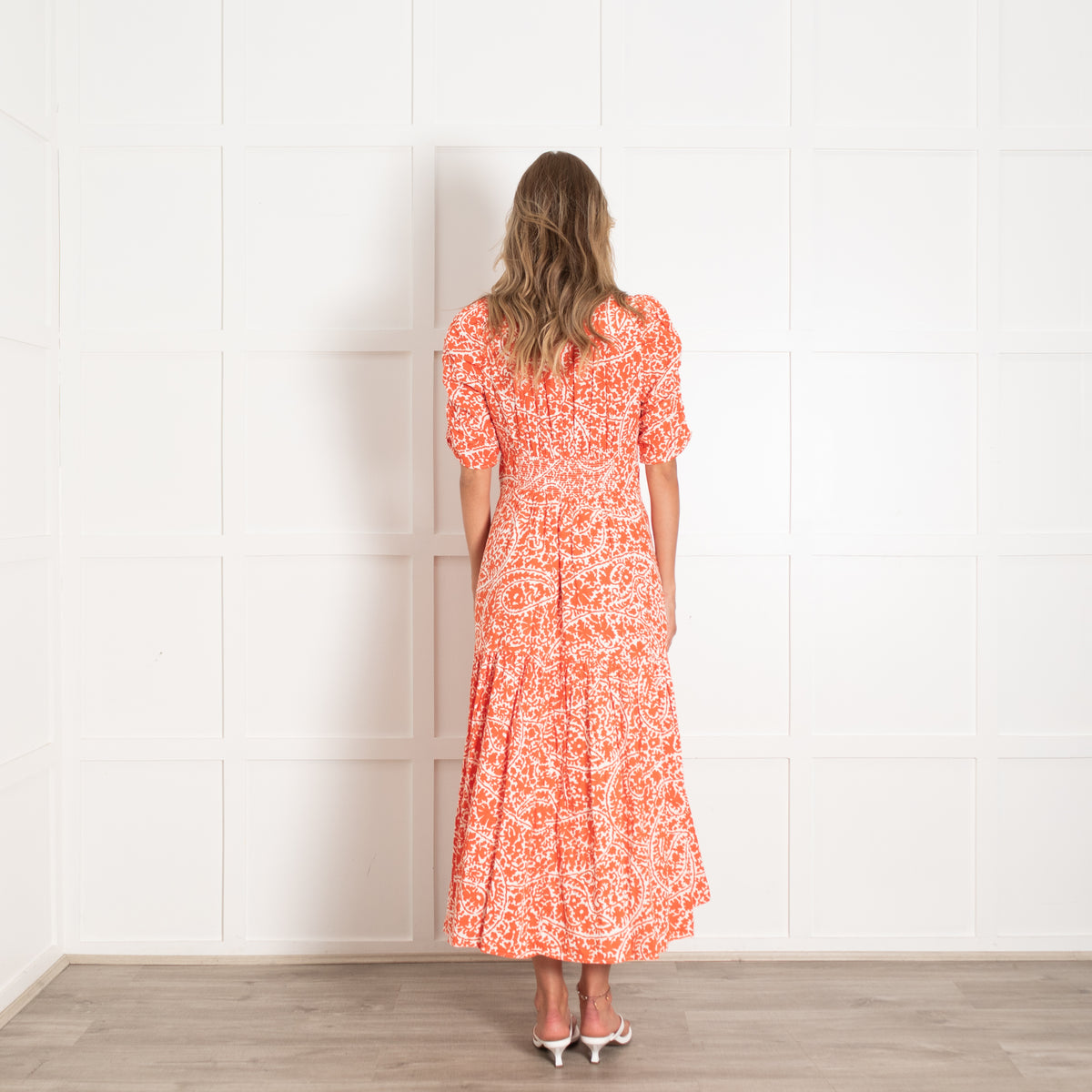 Me + Em Orange And White Midi Dress