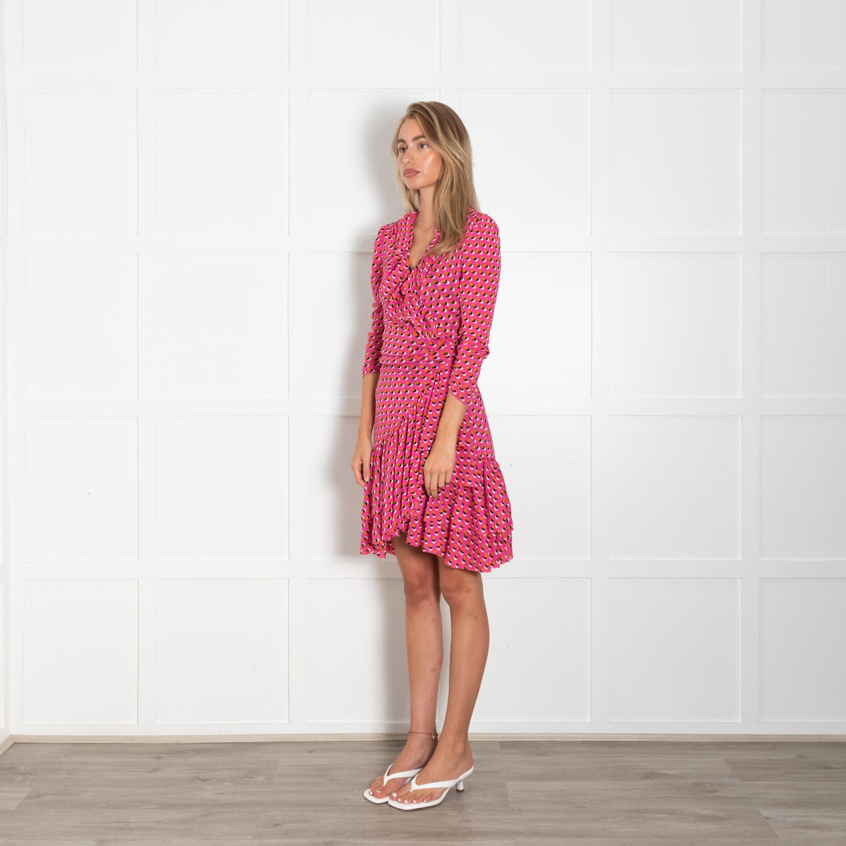 Diane Von Furstenberg Pink Orange Spot Frill Trim Wrap Dress