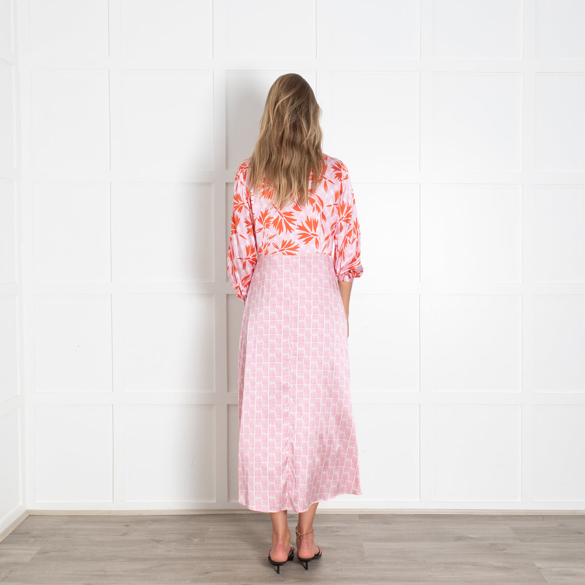 Jessica Russell Flint Pink Multi Print Button Front Silk V Neck Maxi Dress