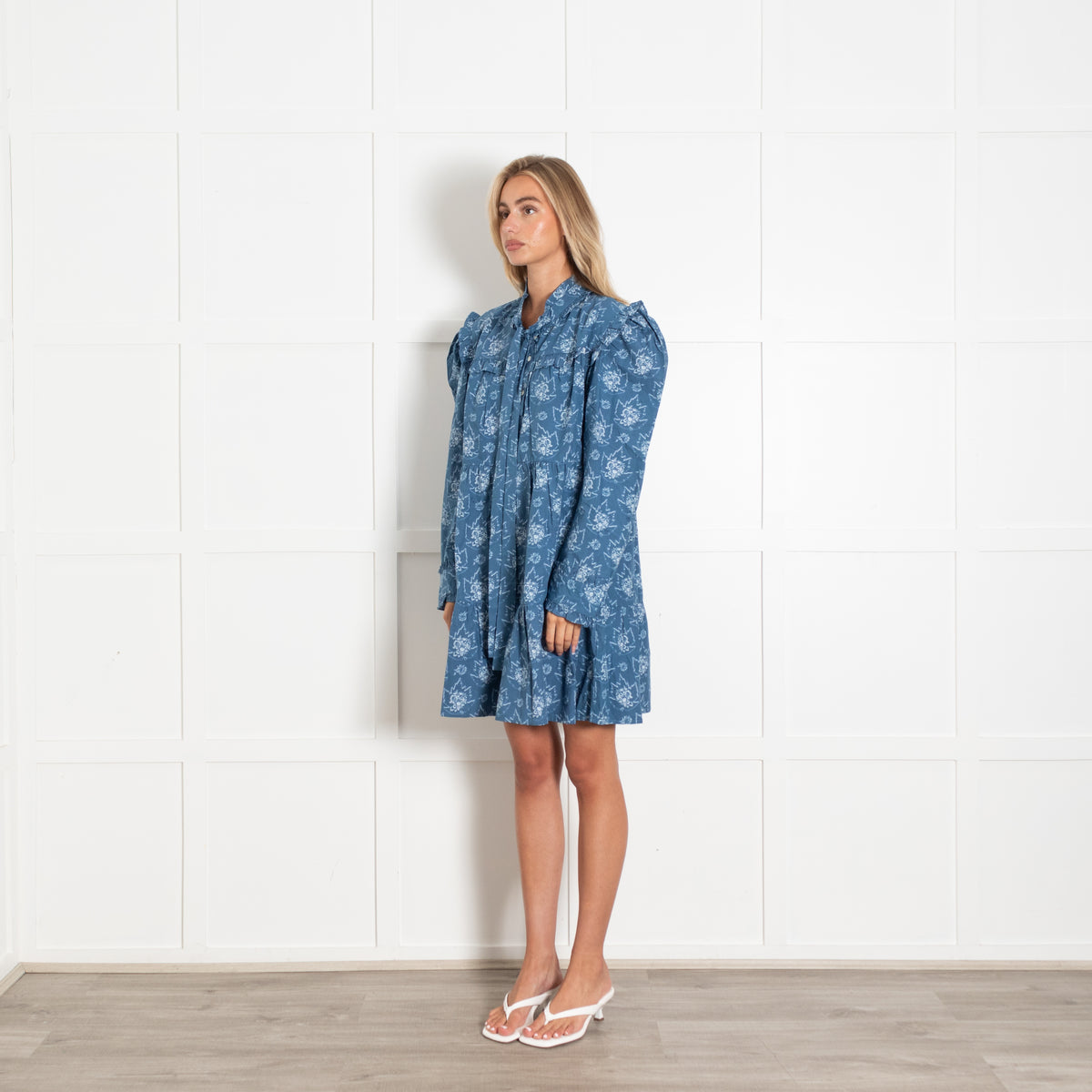Batsheva Mina Blue Tie Neck Ruffled Floral Print Cotton Mini Dress