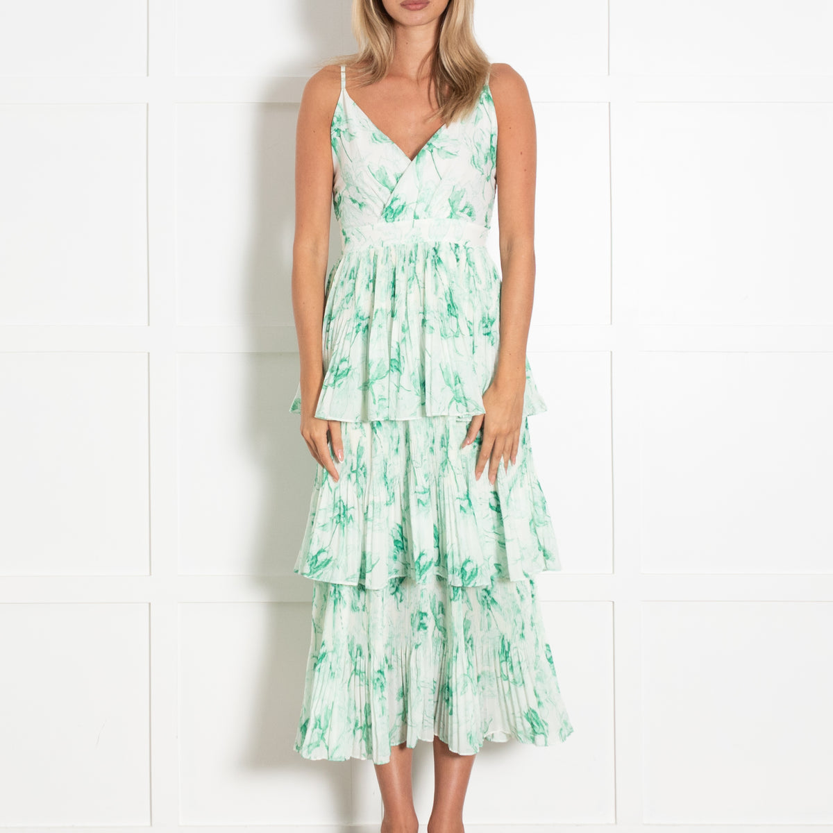 Maje Green and White Sketchy Floral Plisse Tiered Midi Dress