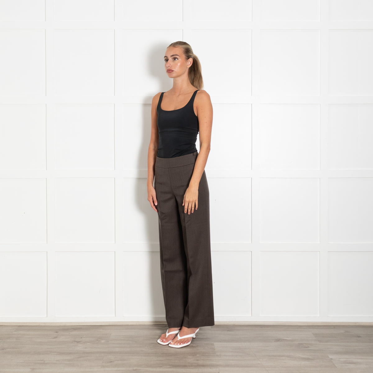 Akris Brown Flat Fronted Wide Leg Wool Trousers