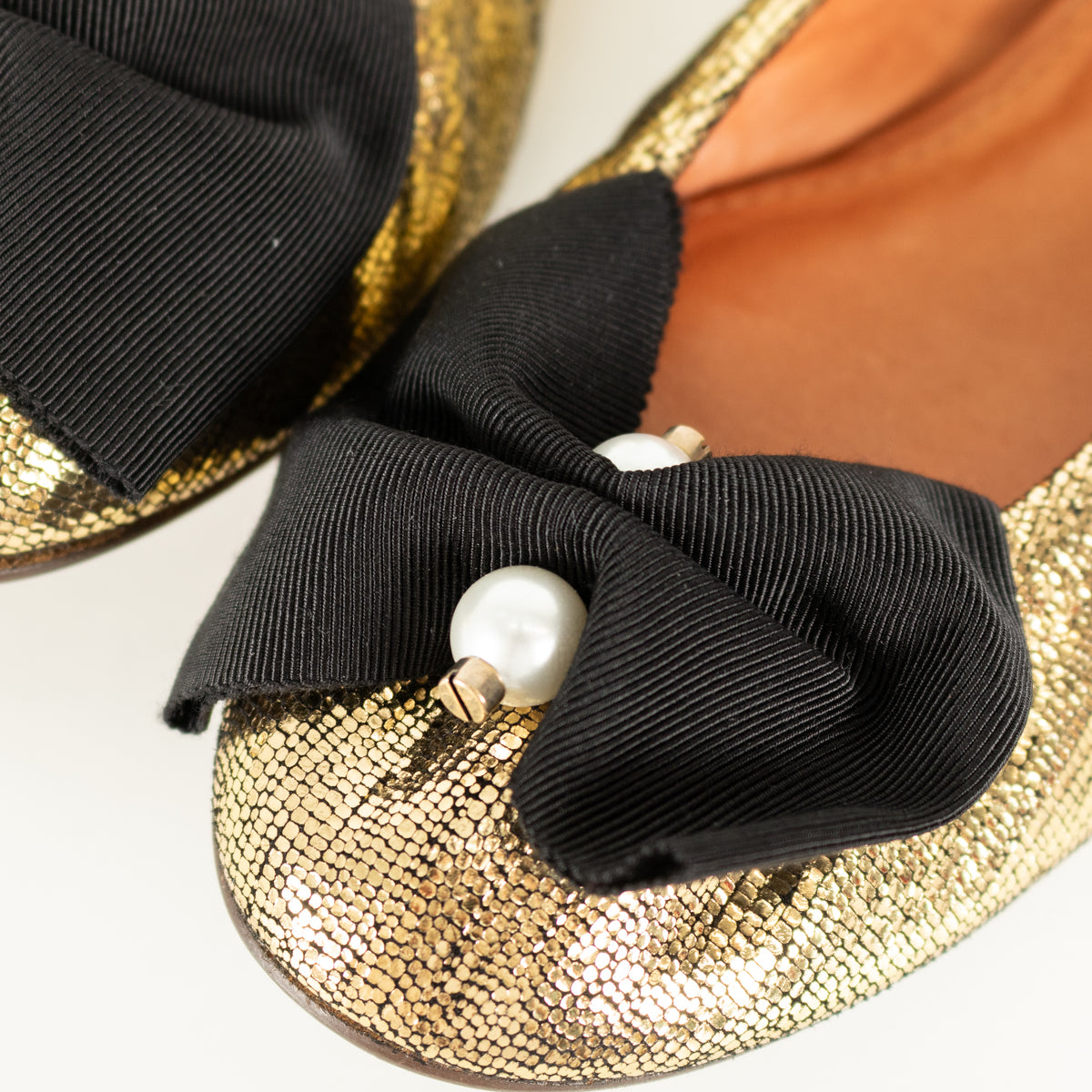 Lanvin Gold Faux Pearl Bow Flat Pumps