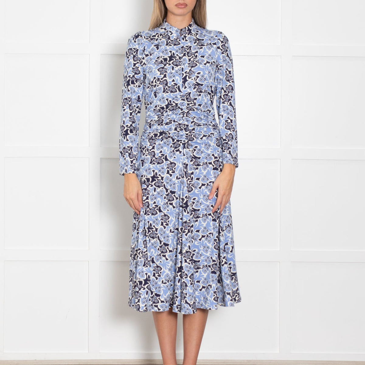 Me + Em Navy White Light Blue Floral Jersey Maxi Dress