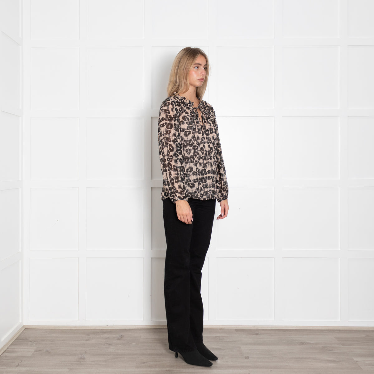 Rebecca Taylor Beige Black Animal Print Long Sleeve Top With Vest