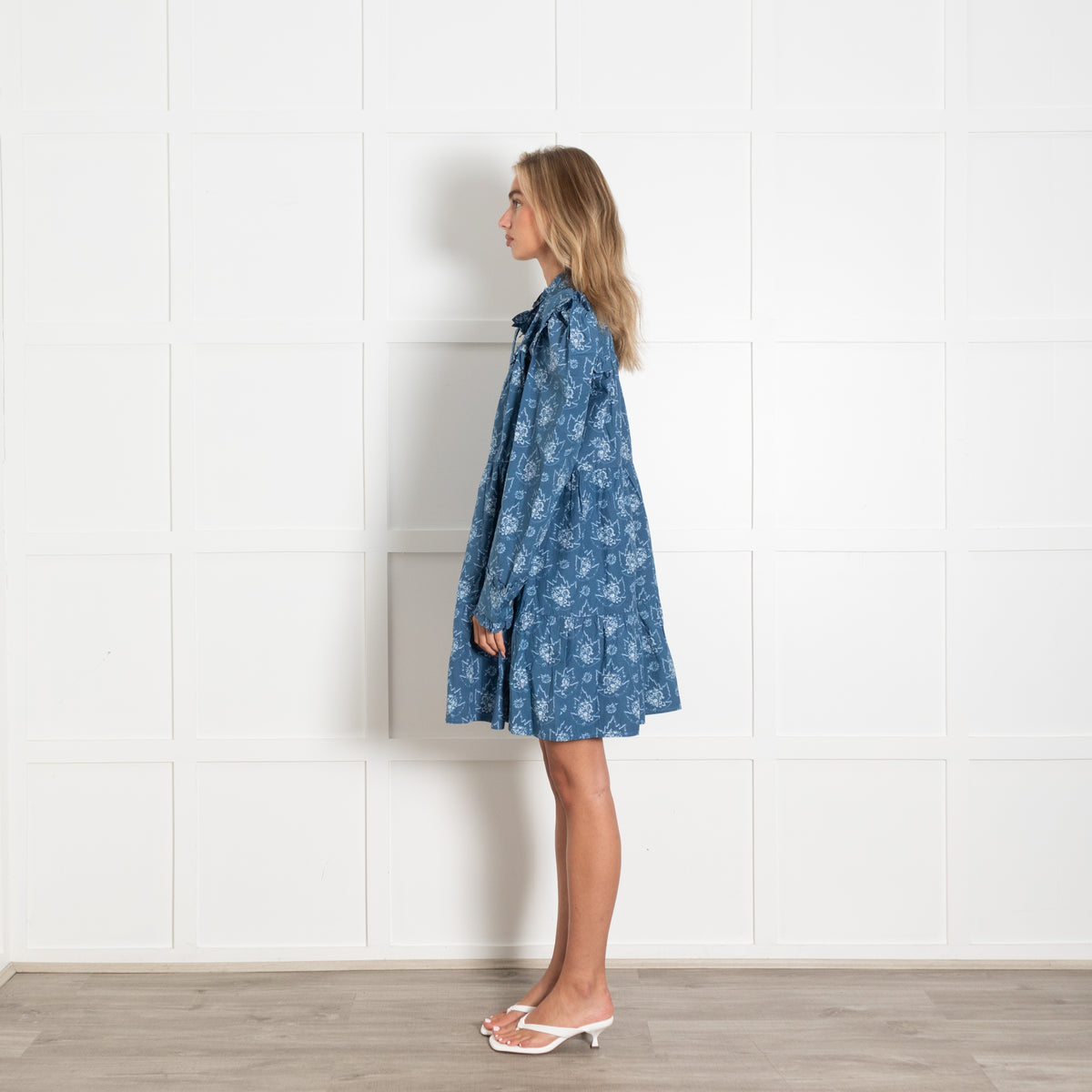 Batsheva Mina Blue Tie Neck Ruffled Floral Print Cotton Mini Dress