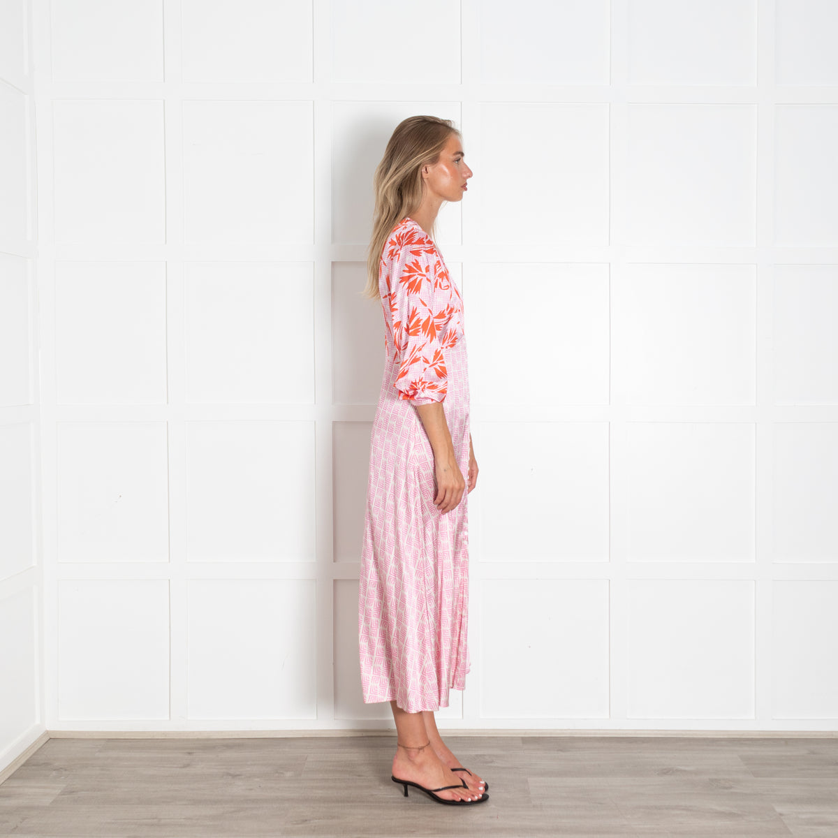 Jessica Russell Flint Pink Multi Print Button Front Silk V Neck Maxi Dress
