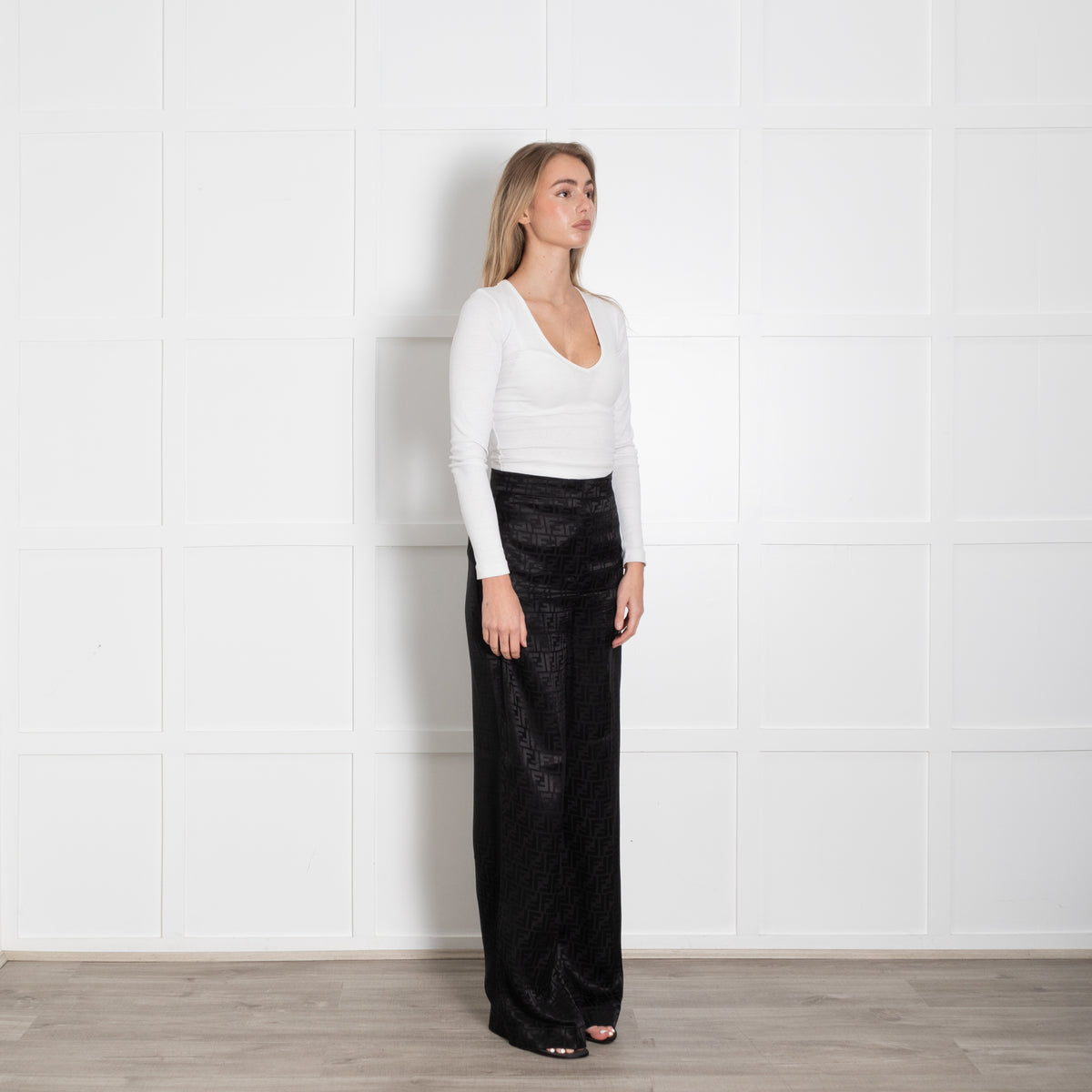 Fendi Black Silk Self Logo Wide Leg Trousers