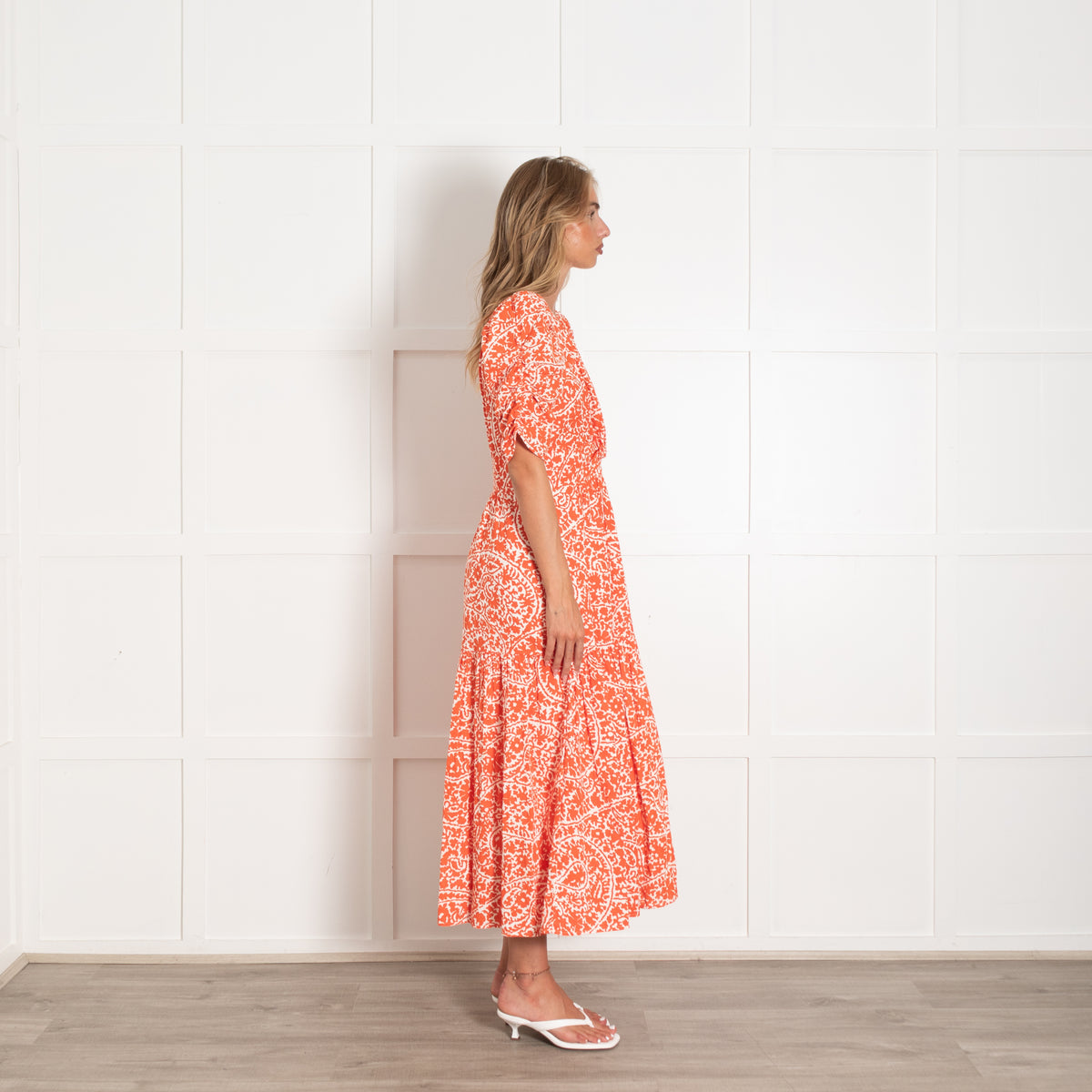Me + Em Orange And White Midi Dress
