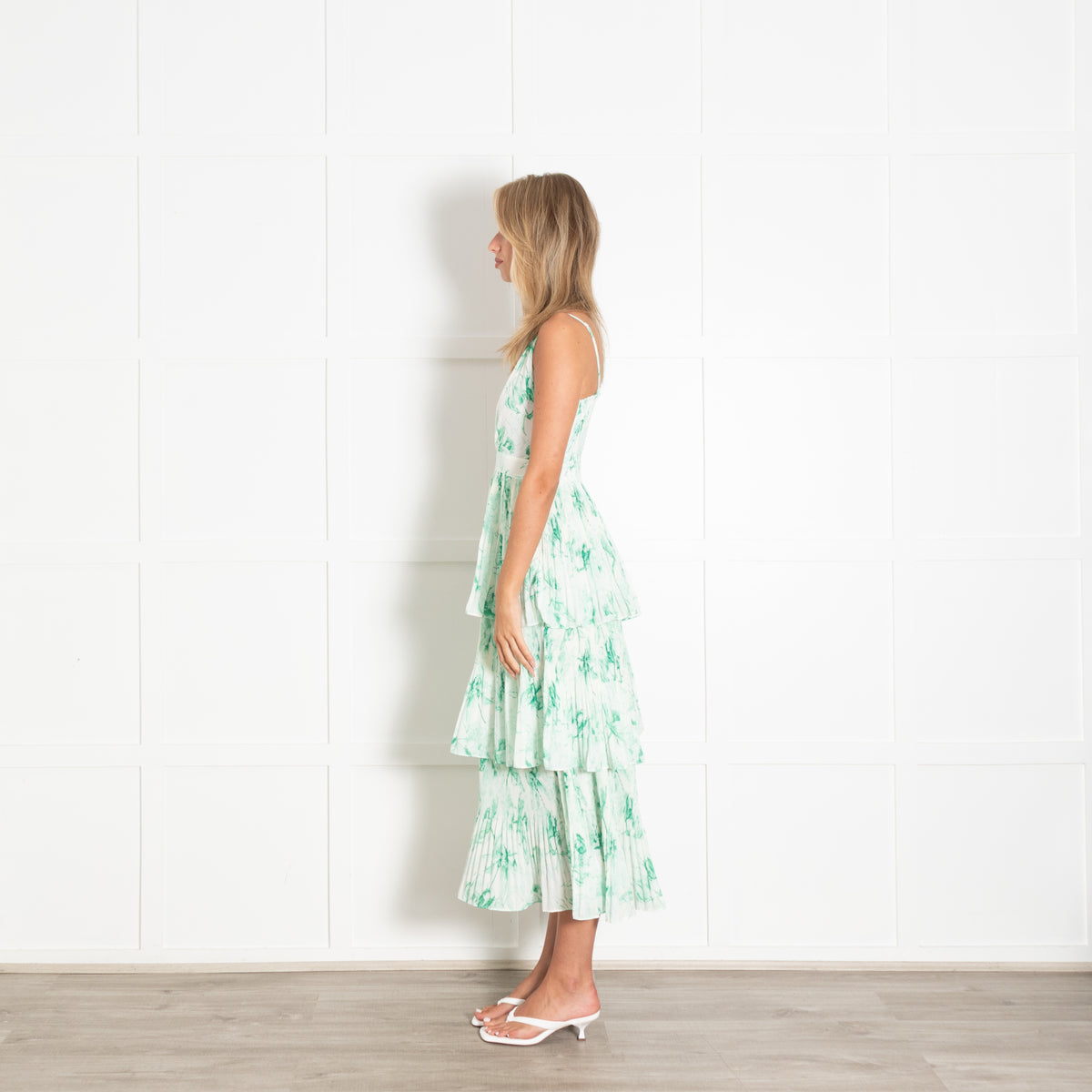 Maje Green and White Sketchy Floral Plisse Tiered Midi Dress