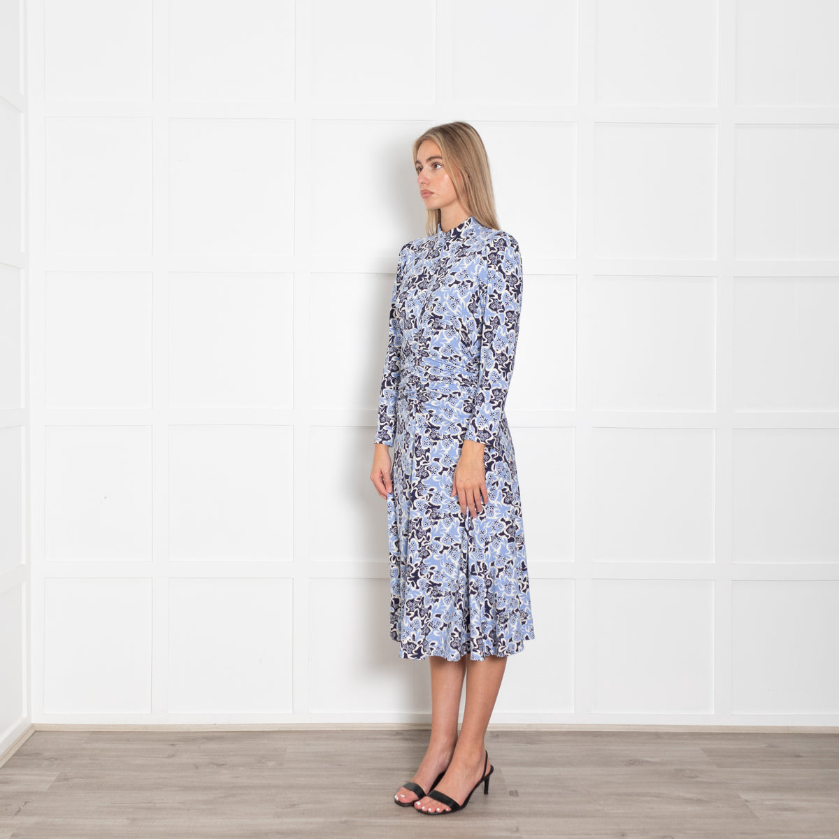 Me + Em Navy White Light Blue Floral Jersey Maxi Dress