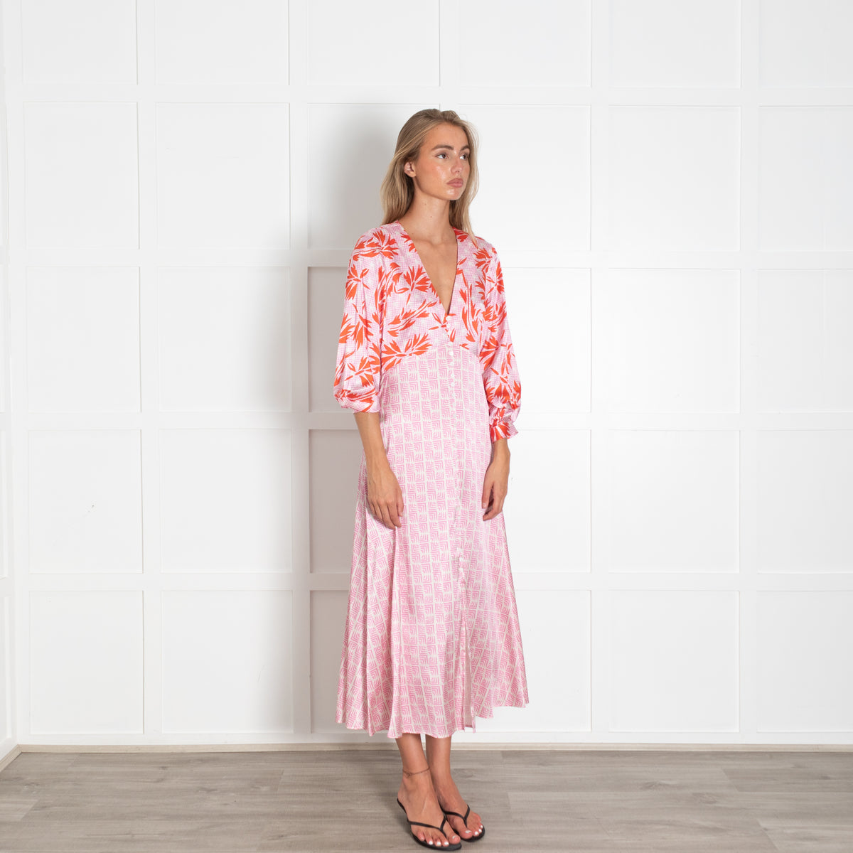 Jessica Russell Flint Pink Multi Print Button Front Silk V Neck Maxi Dress