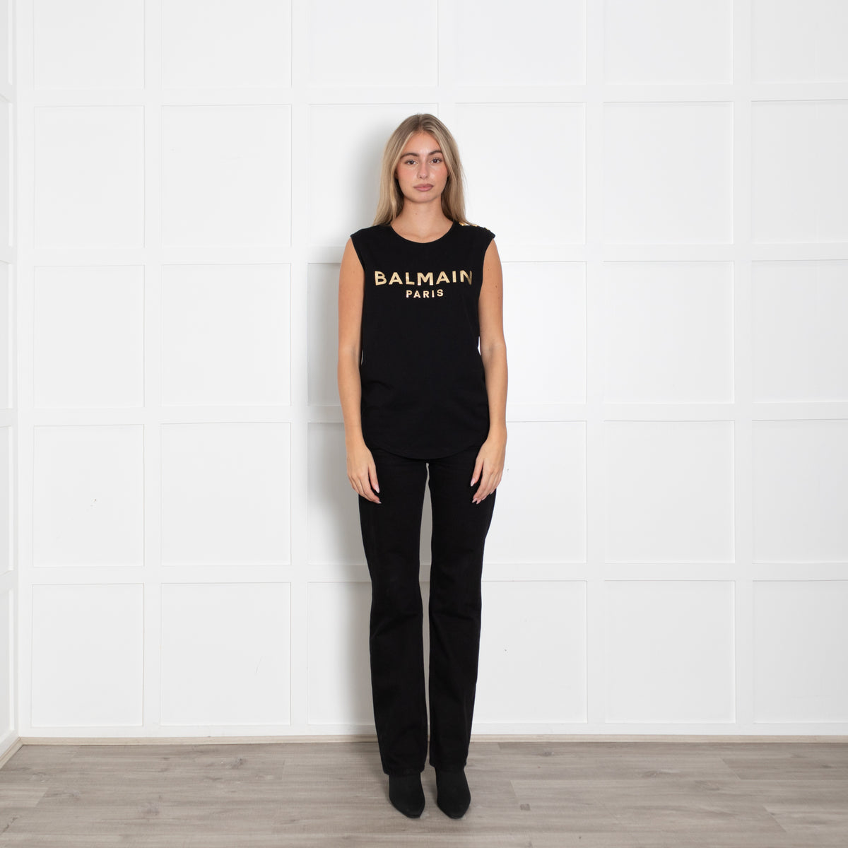 Balmain Black Cotton Logo Sleeveless T-Shirt