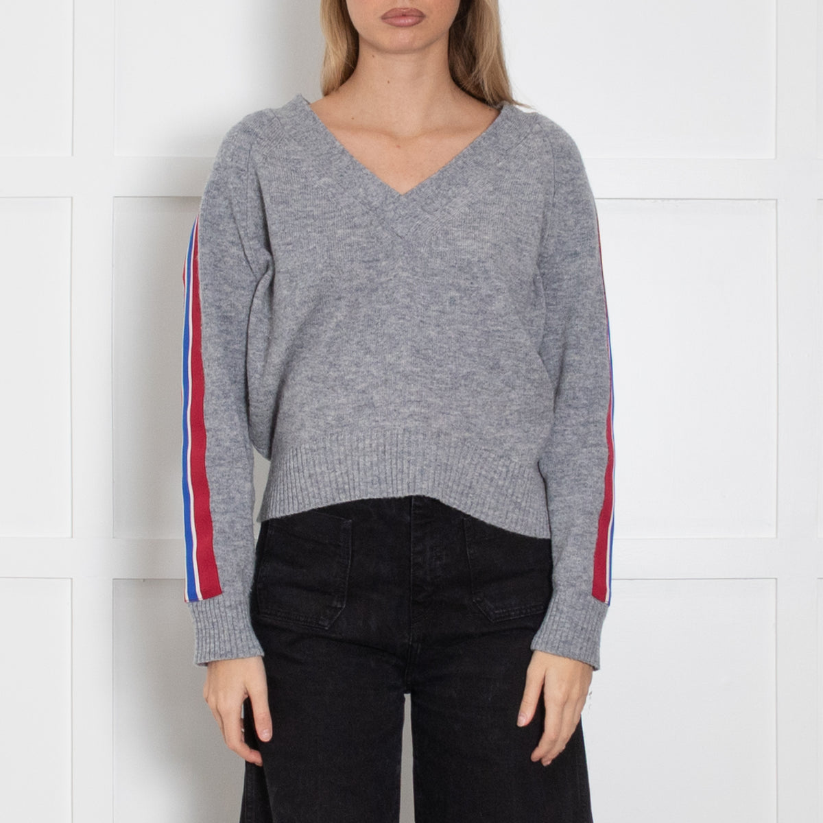 Sandro Grey Red Stripe Sleeve V-Neck Sweater