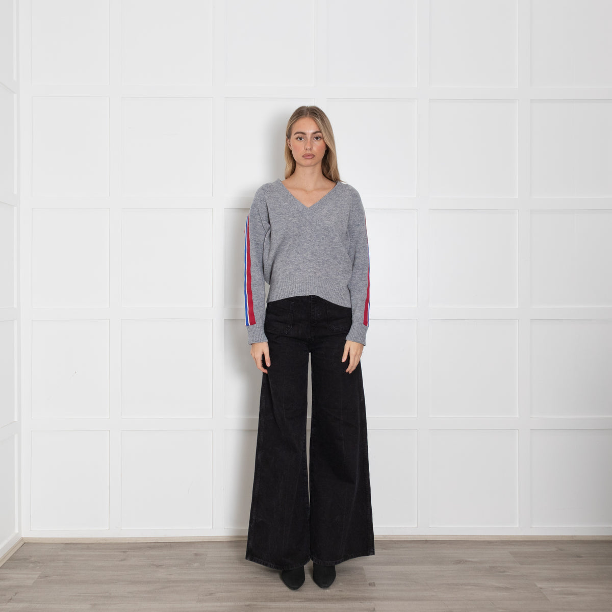 Sandro Grey Red Stripe Sleeve V-Neck Sweater