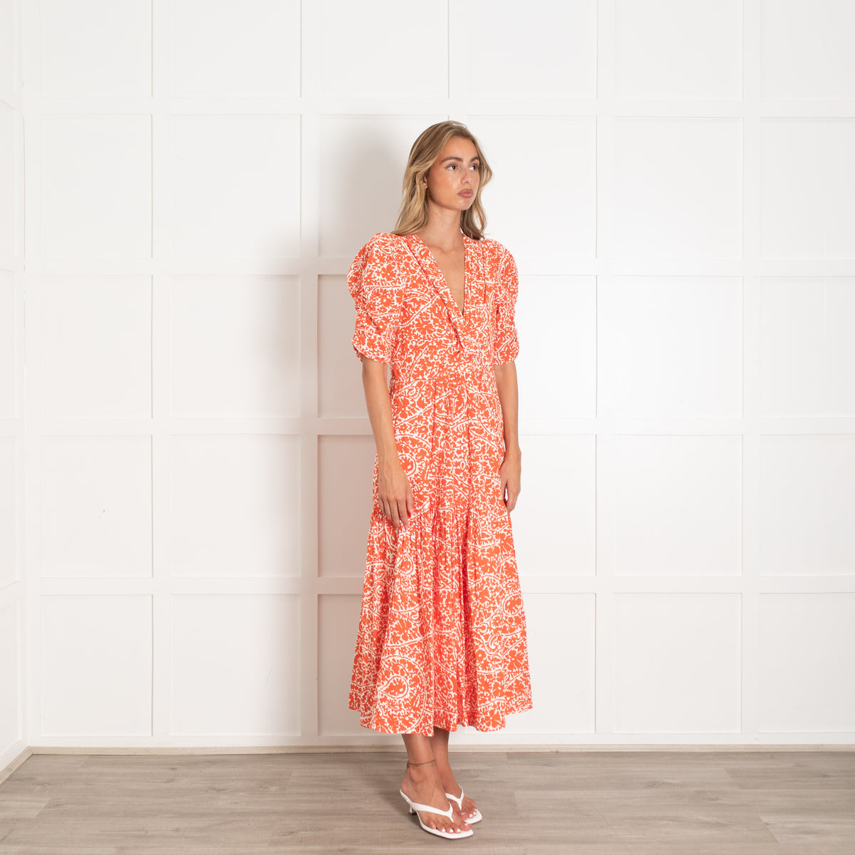 Me + Em Orange And White Midi Dress