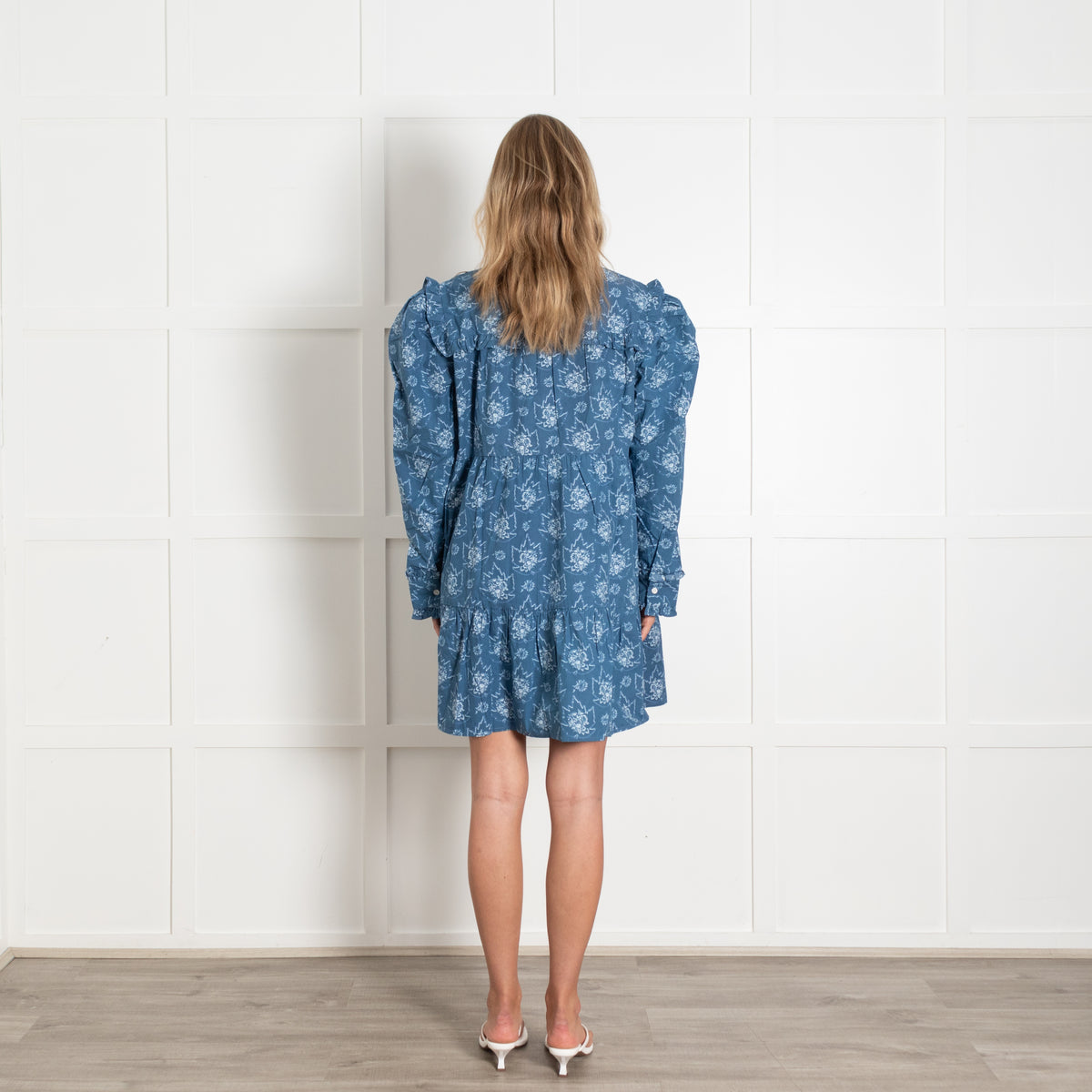 Batsheva Mina Blue Tie Neck Ruffled Floral Print Cotton Mini Dress