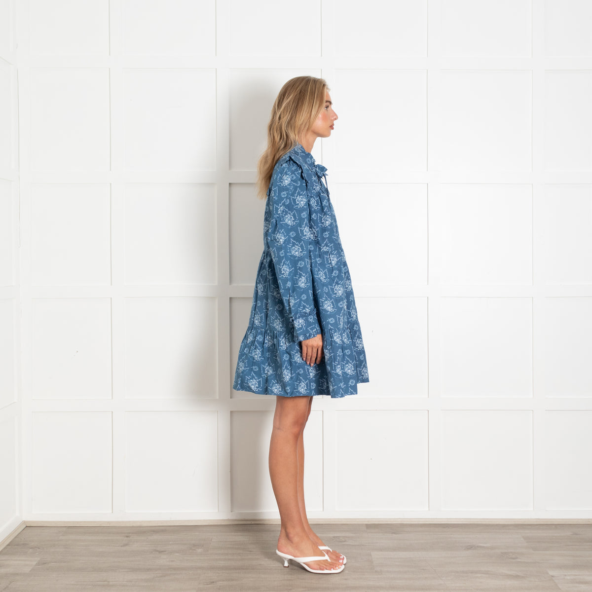 Batsheva Mina Blue Tie Neck Ruffled Floral Print Cotton Mini Dress