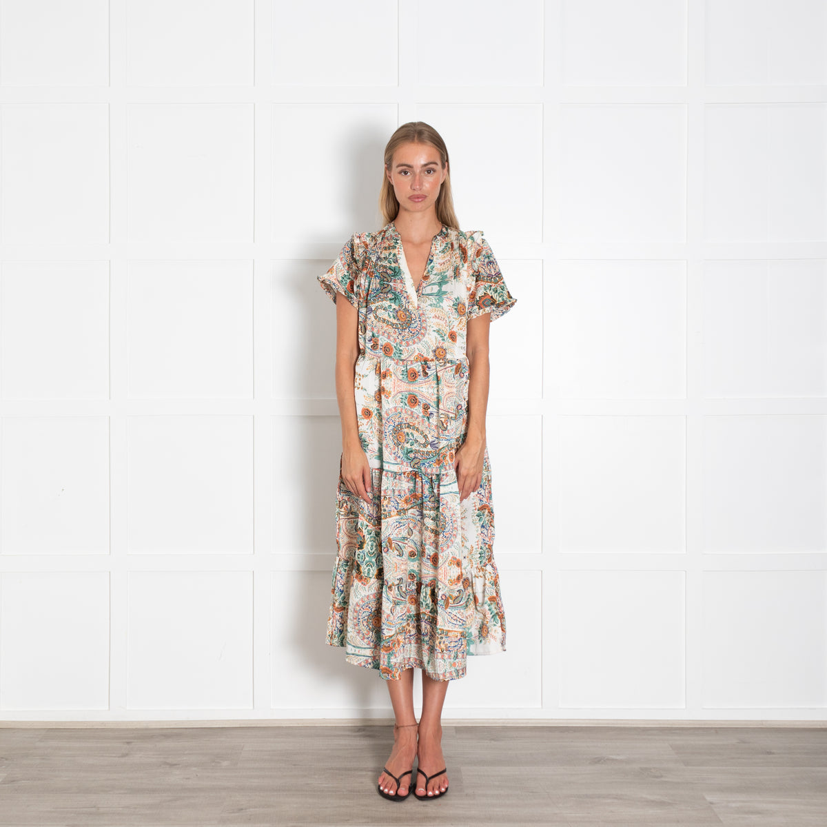 Lolly's Laundry Green And Orange Floral V Neck Ruffled Maxi Dress