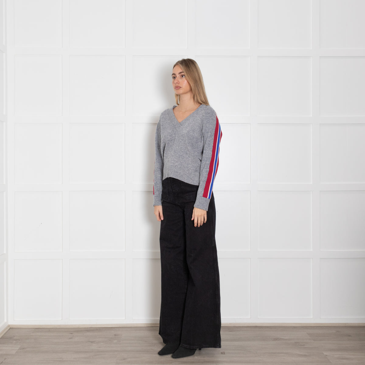 Sandro Grey Red Stripe Sleeve V-Neck Sweater