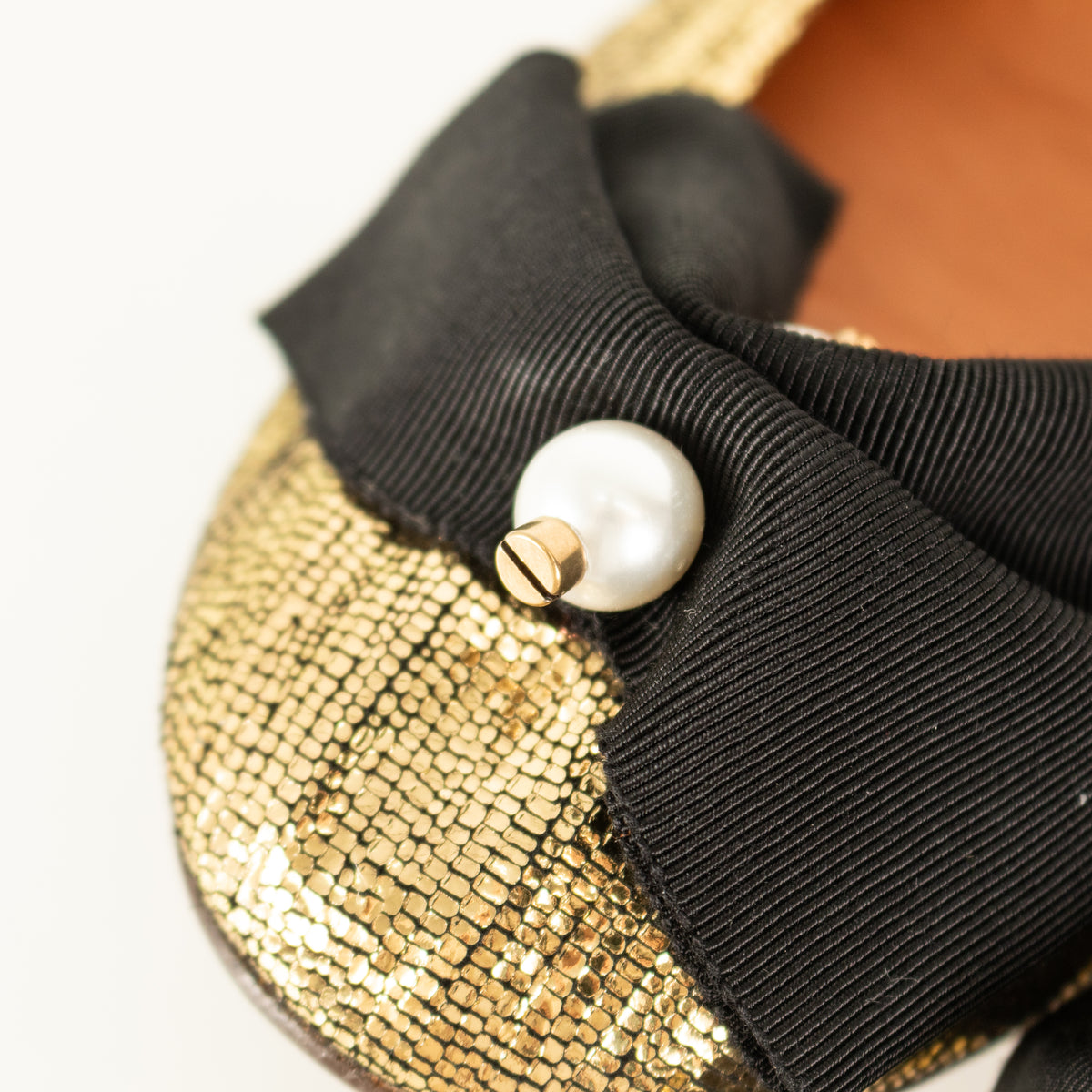 Lanvin Gold Faux Pearl Bow Flat Pumps