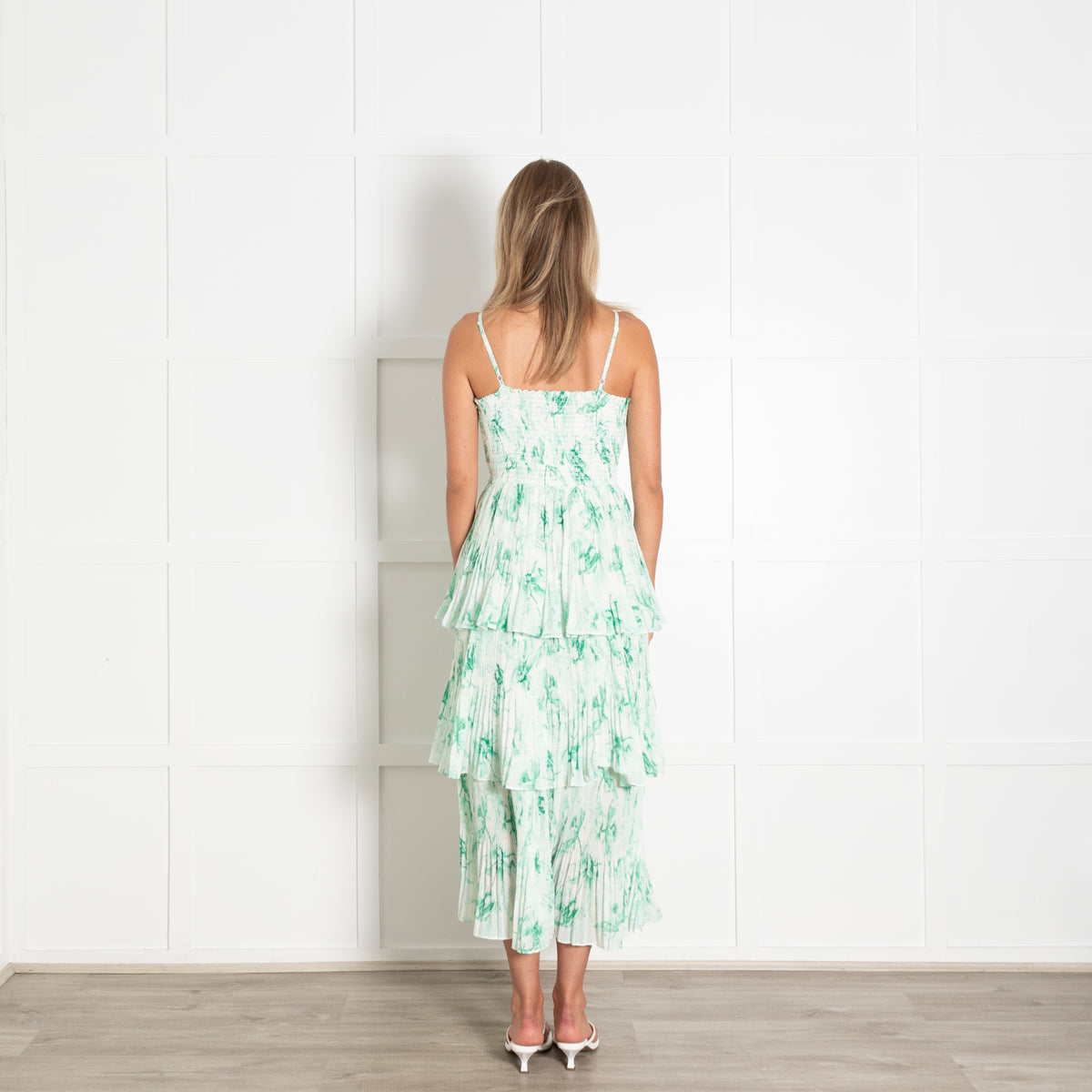 Maje Green and White Sketchy Floral Plisse Tiered Midi Dress