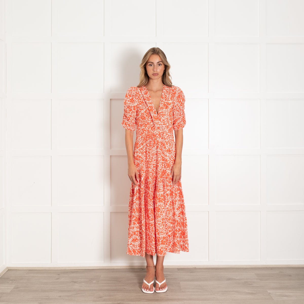 Me + Em Orange And White Midi Dress