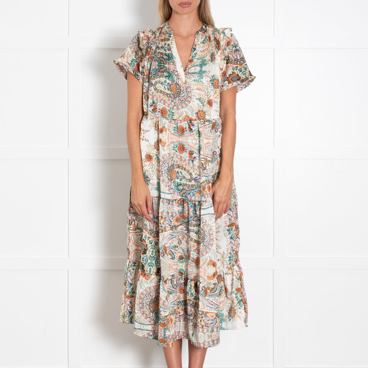 Lolly's Laundry Green And Orange Floral V Neck Ruffled Maxi Dress