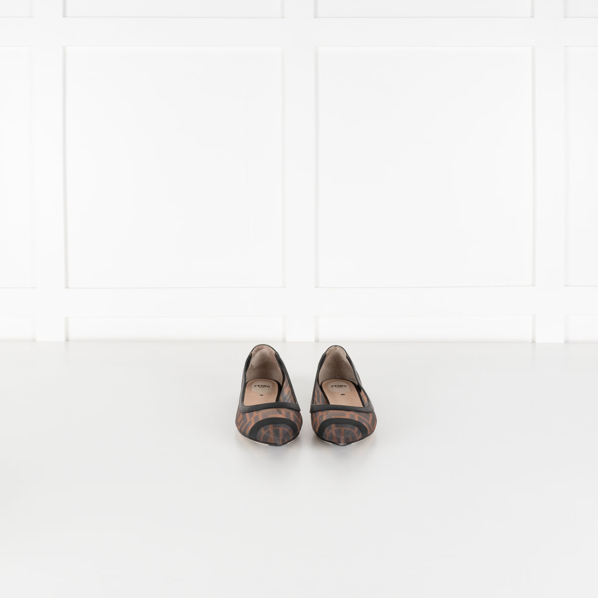 Fendi Brown Black Zucca Mesh Leather Flat Pumps