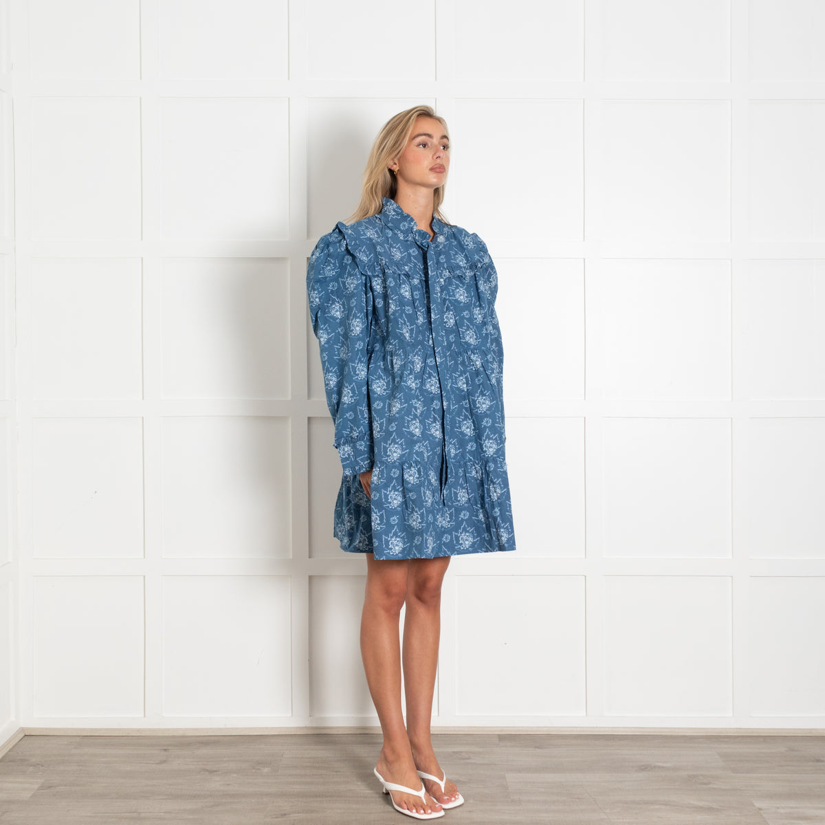 Batsheva Mina Blue Tie Neck Ruffled Floral Print Cotton Mini Dress
