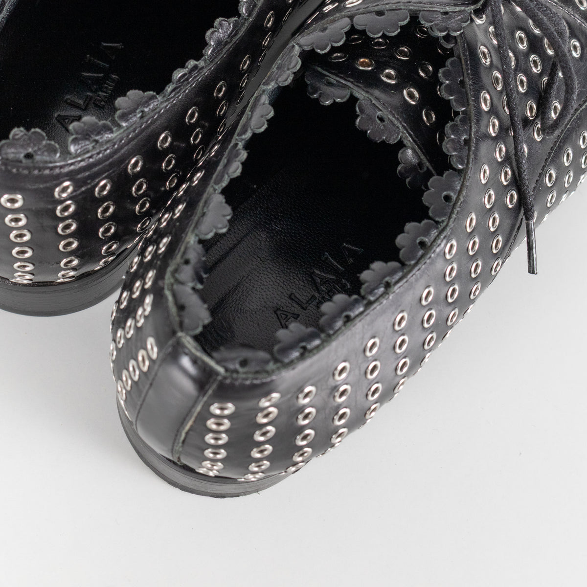 Alaia Black Leather Silver Eyelet Lace Up Shoes