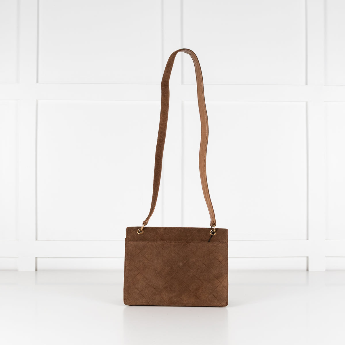 Back image of Chanel Brown Suede Quilted Flap handbag.