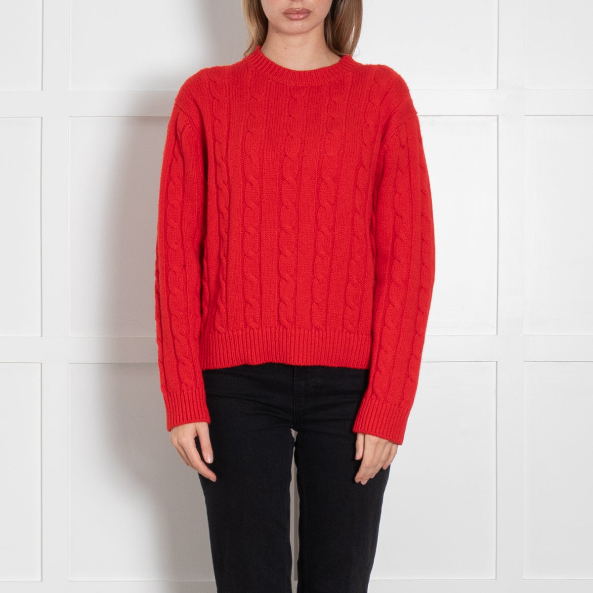 &Daughter Red Cable Knit Wool Crewneck Jumper