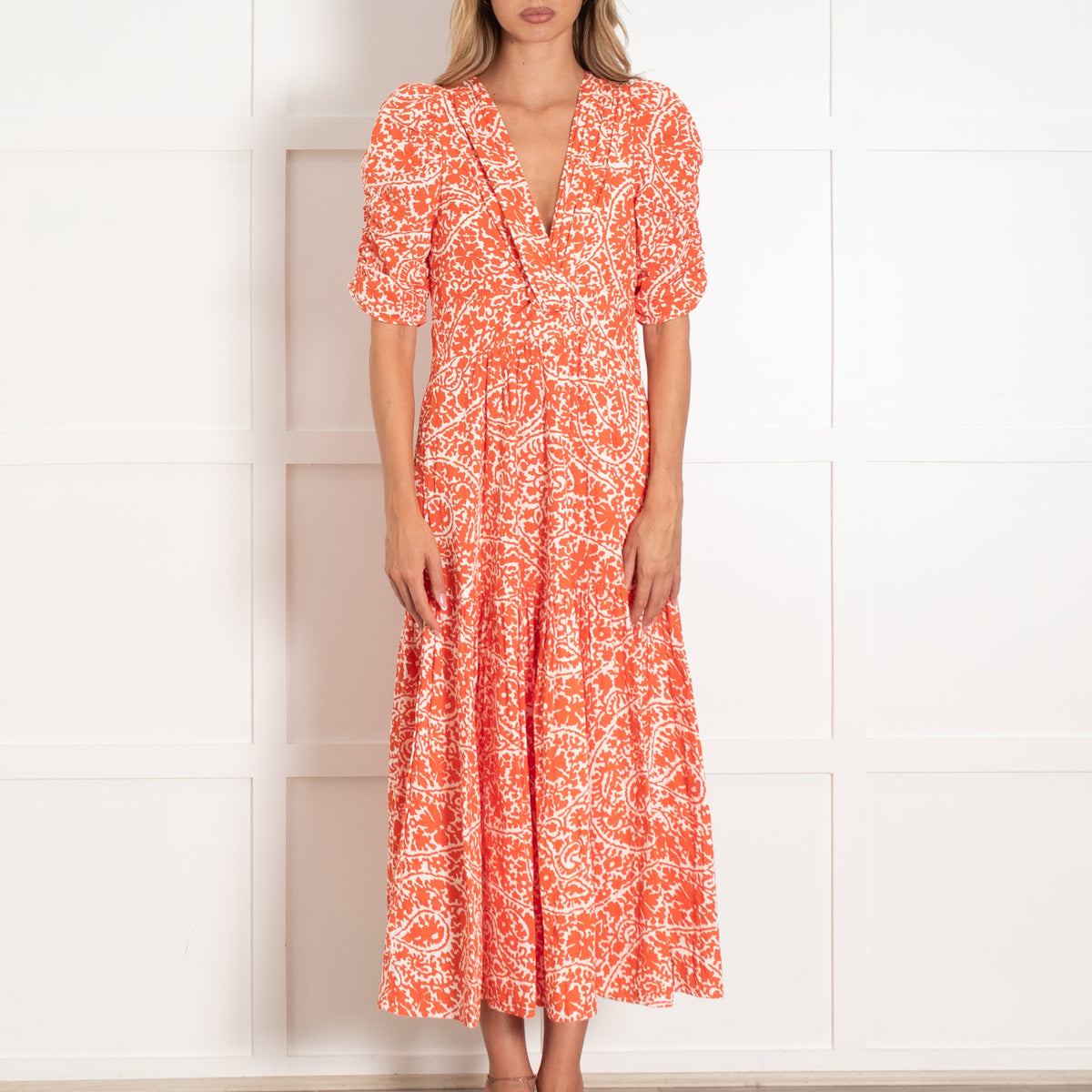 Me + Em Orange And White Midi Dress