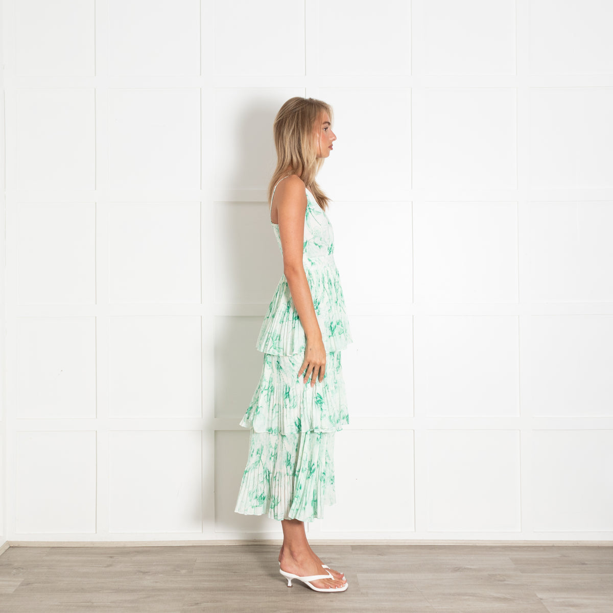 Maje Green and White Sketchy Floral Plisse Tiered Midi Dress