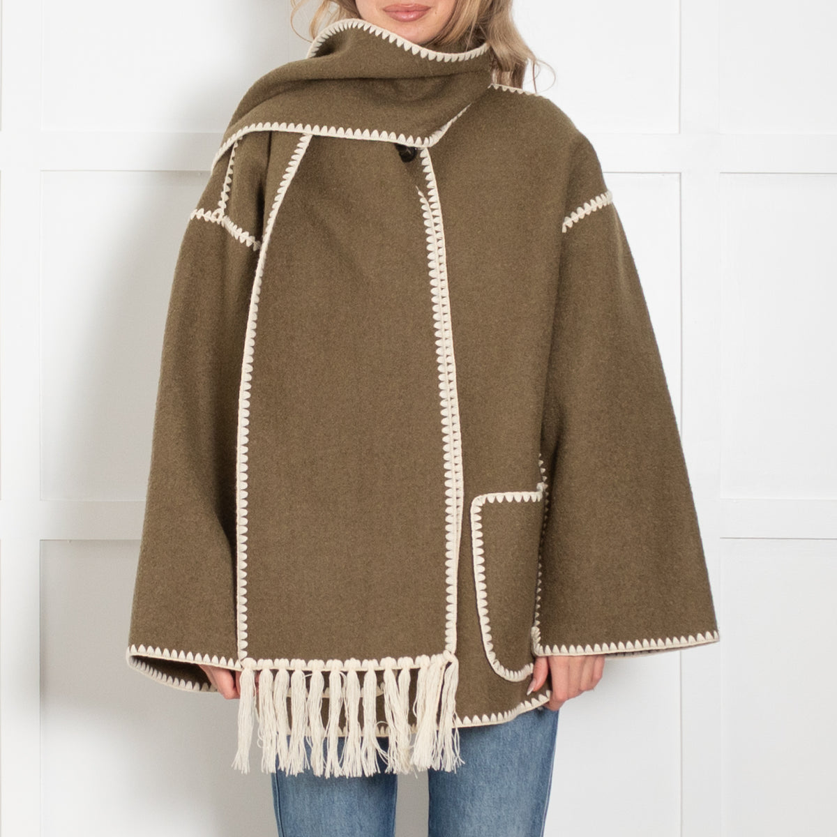 Toteme Green Scarf Neck Fringed Wool-Blend Jacket