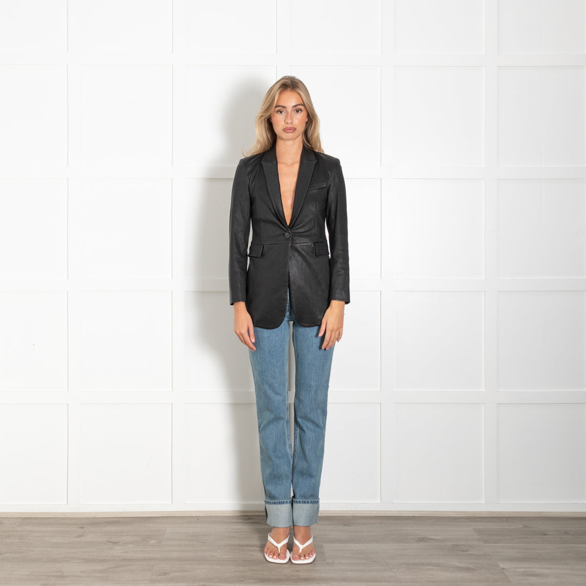 Theory Black Leather Single Breasted Fitted Jacket