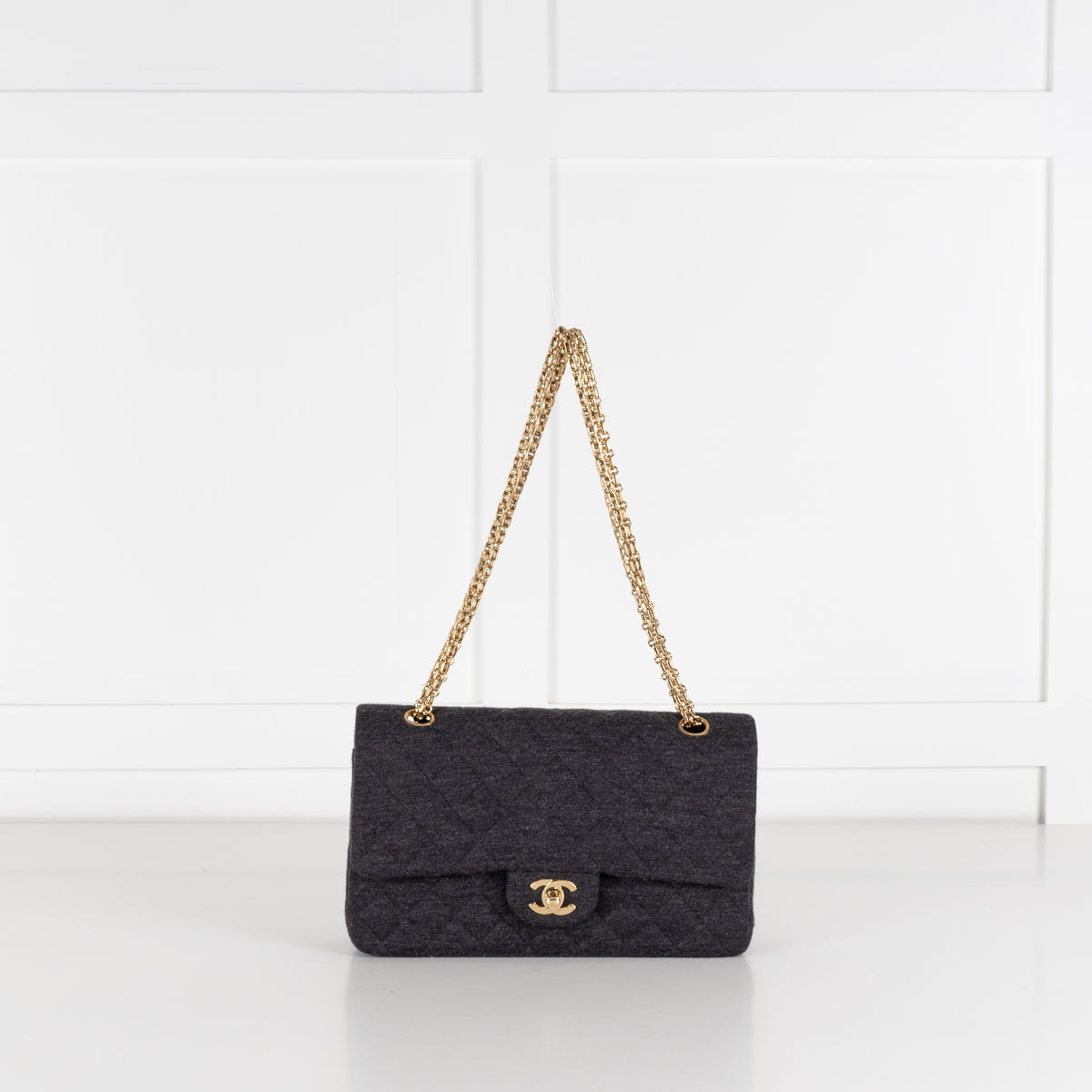 Chanel Charcoal Grey Fabric Medium Double Flap Handbag