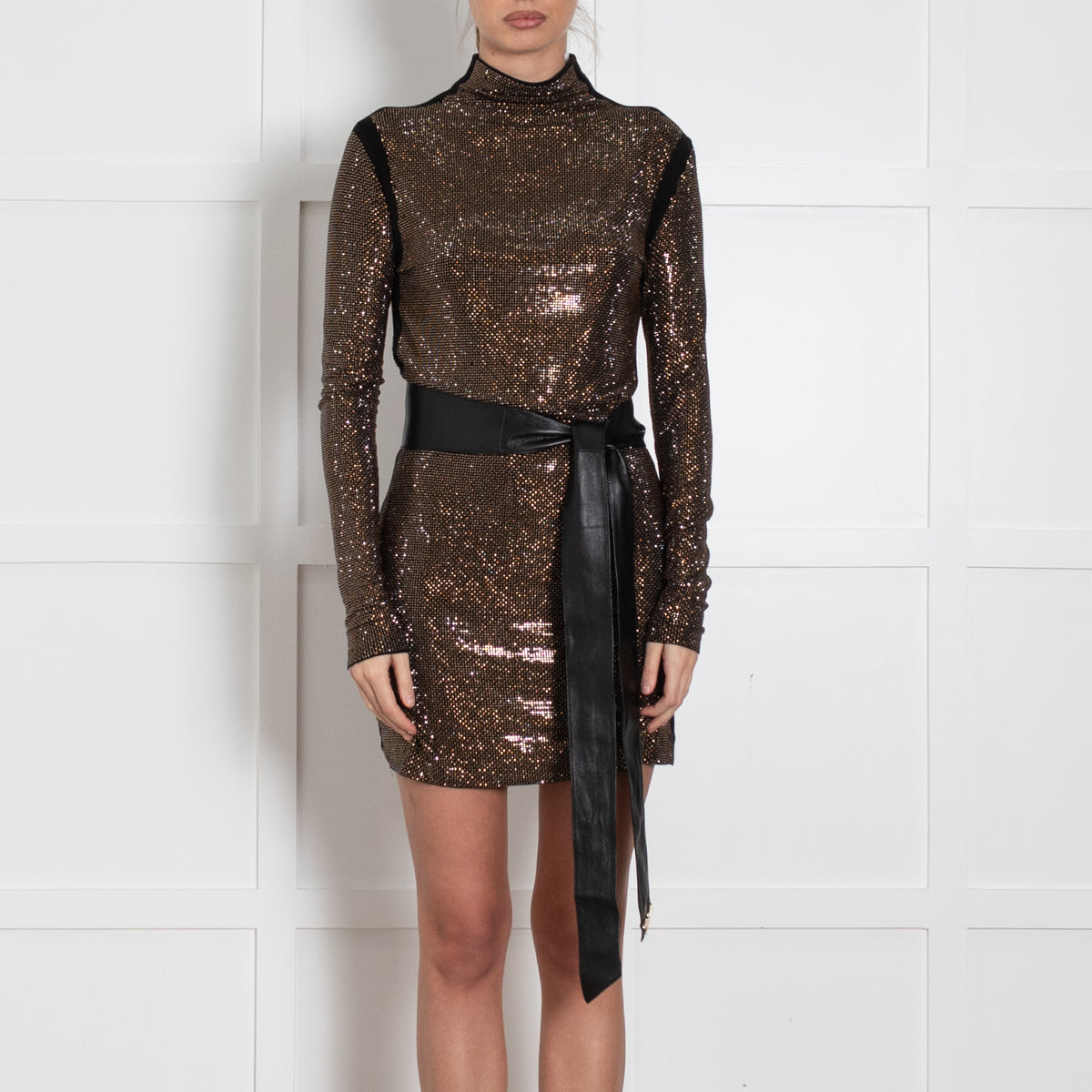 Patrizia Pepe Gold Rhinestone Dress With Belt