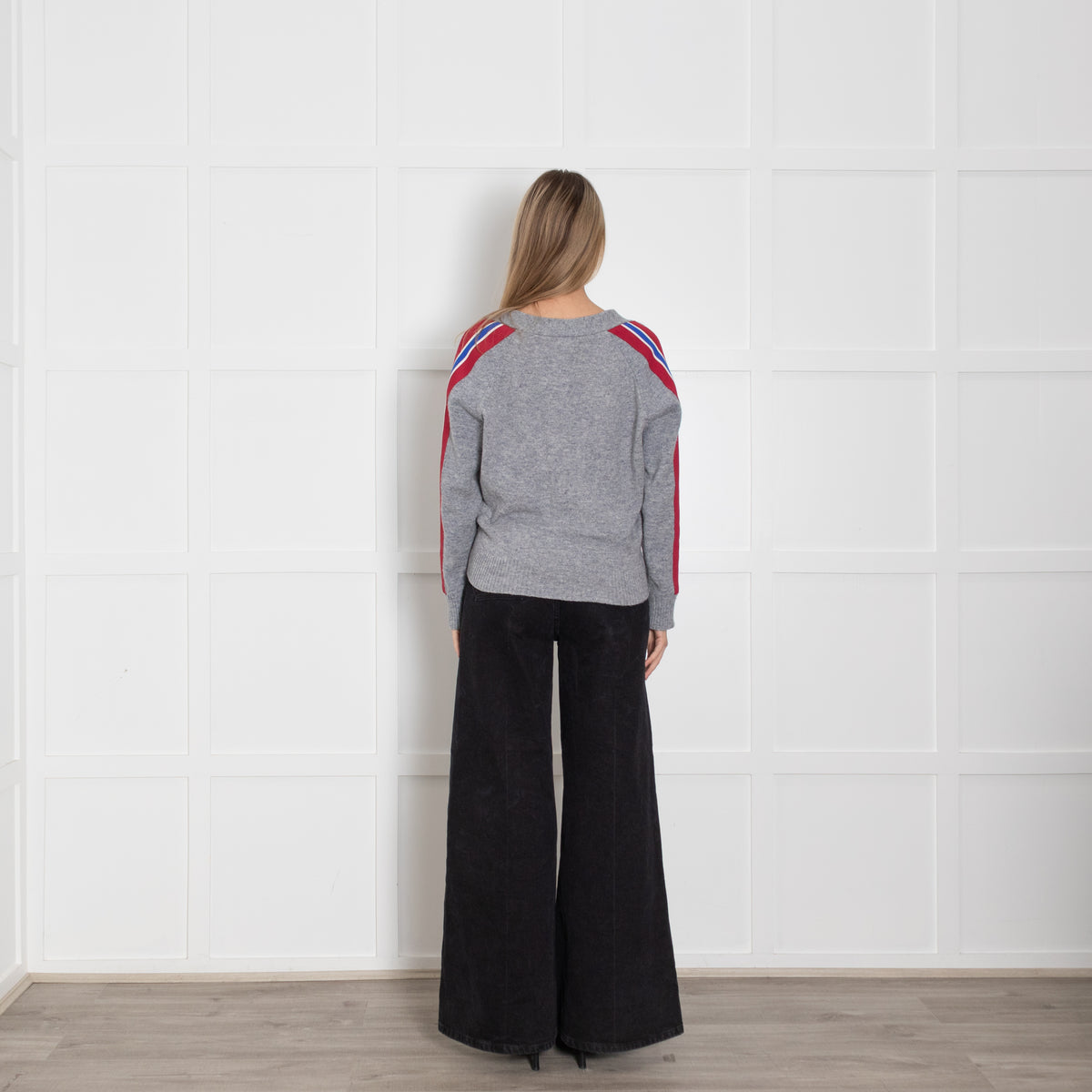 Sandro Grey Red Stripe Sleeve V-Neck Sweater