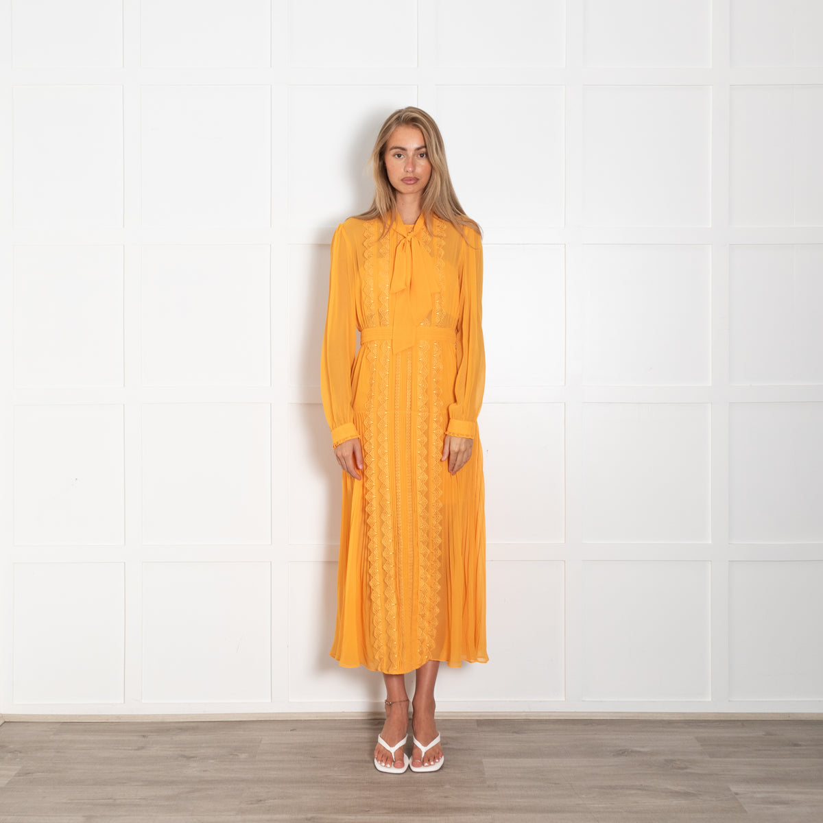 Self-Portrait Orange Lace And Pleated Detail Midi Dress