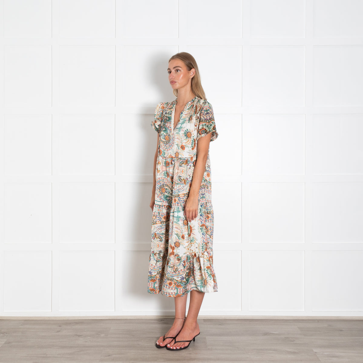 Lolly's Laundry Green And Orange Floral V Neck Ruffled Maxi Dress